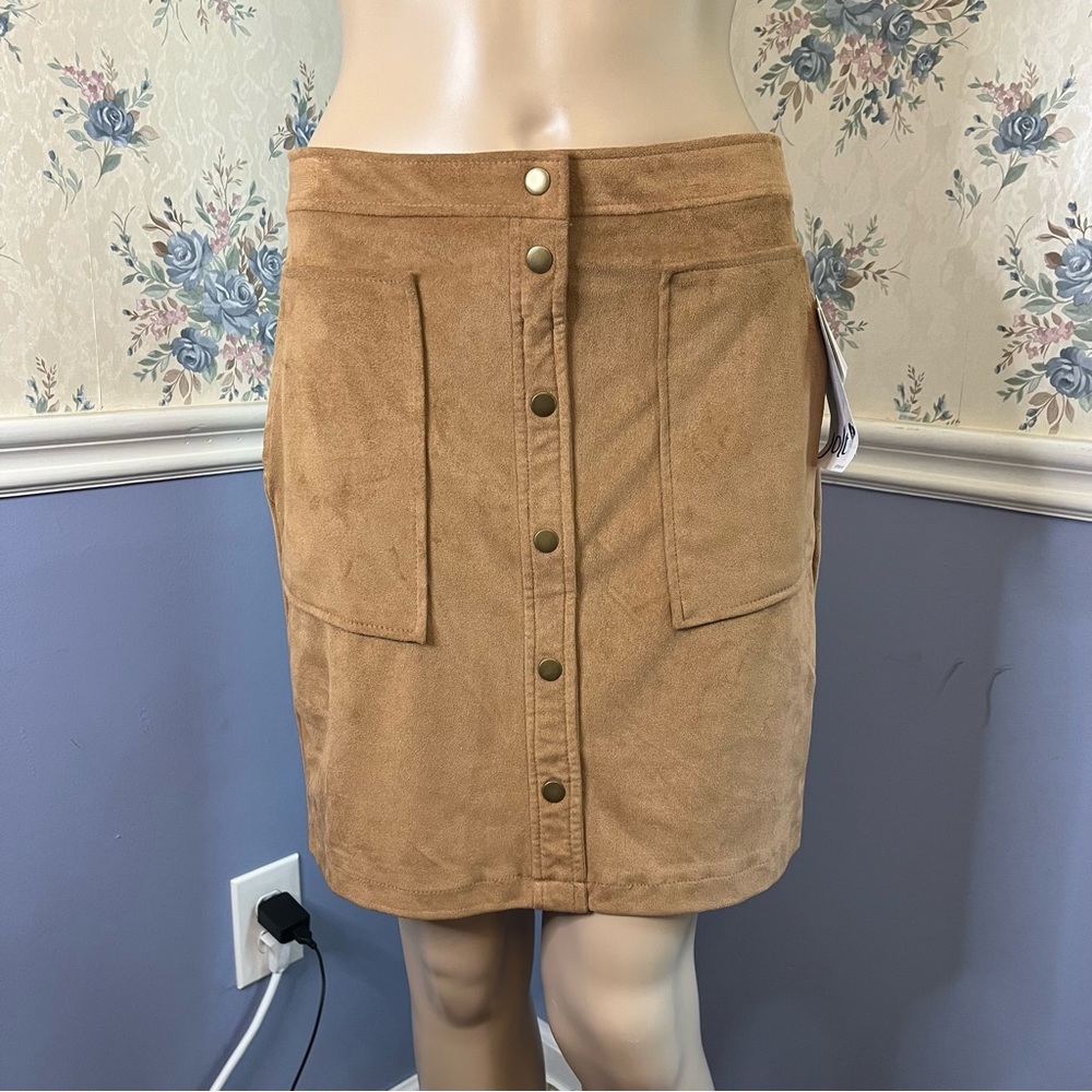 Jolt Camel Brown Faux Suede Pencil Skirt w/Pockets & Buttons, Size 7, NWT